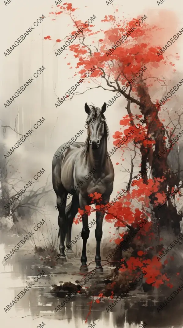 A mystical encounter: a horse emerges from the dense fog, surrounded by ethereal flora in a mixed media ink wash