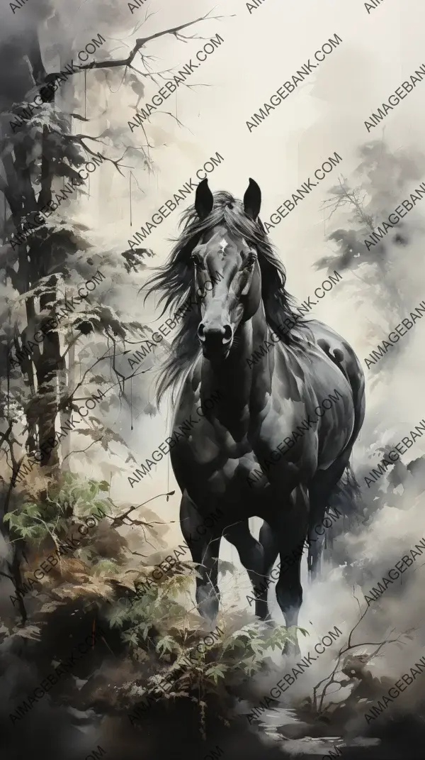 Lost in the mist: a horse navigating through dense fog, amidst delicate flora in a captivating mixed media ink wash