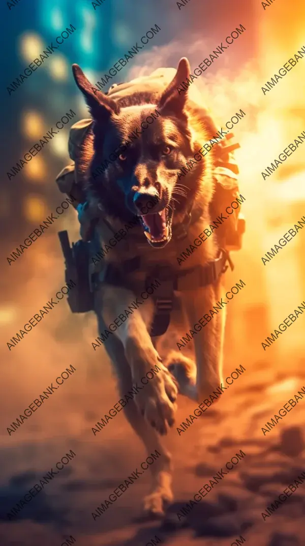 Heroic Canine Companion: Cinematic Photo of a Battle Dog