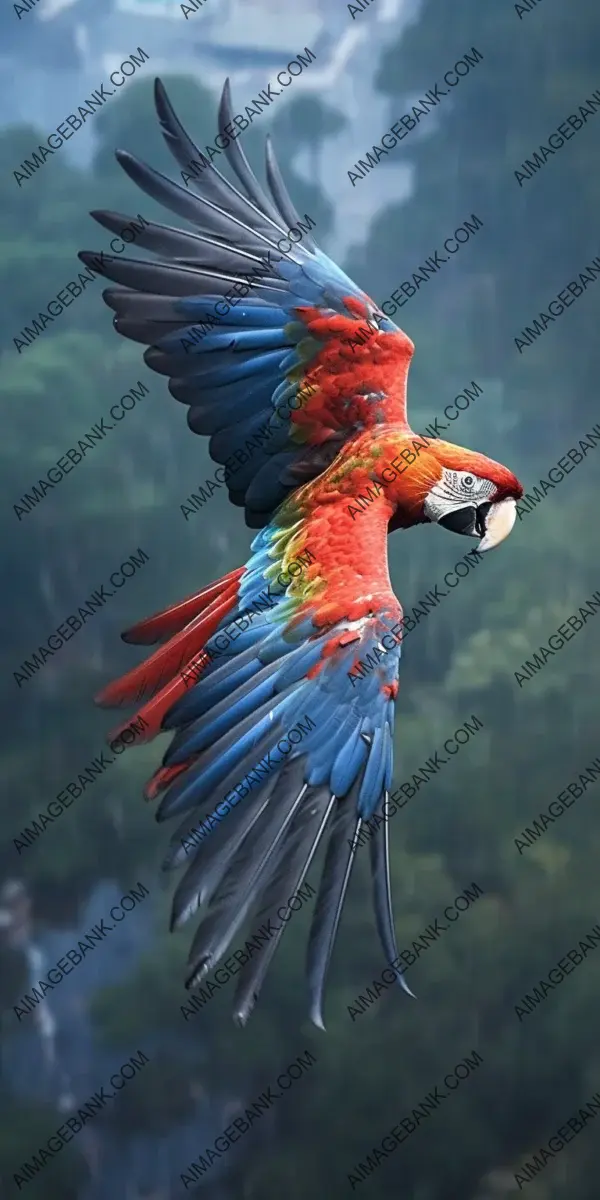 Skyward Journey: Close-Up View of a Macaw Flying over Tropical Isles