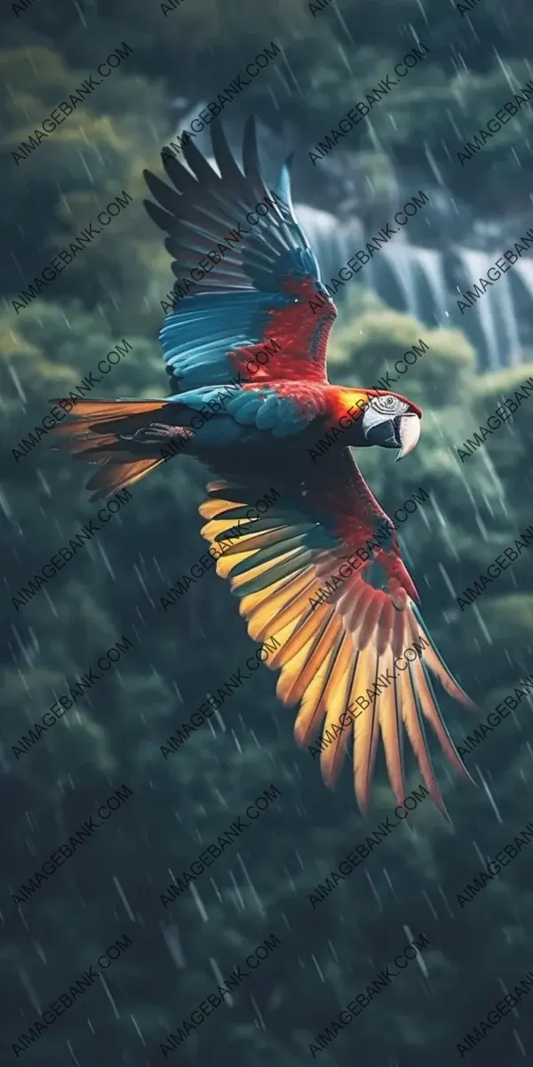 Tropical Soar: Close-Up View of a Macaw Flying over Island Paradise