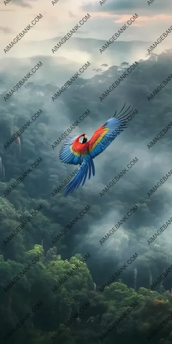 Aerial Majesty: Close-Up View of a Macaw Soaring over Tropical Isles