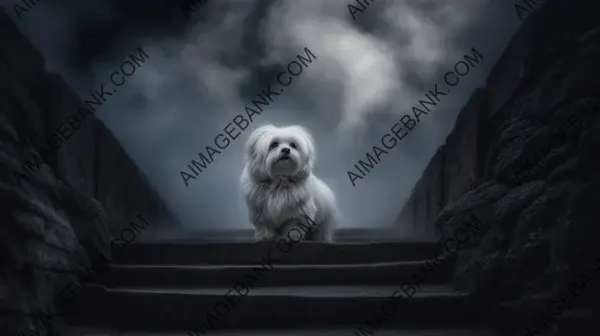 Cloud Adventure: Maltese Dog Climbing Stairs