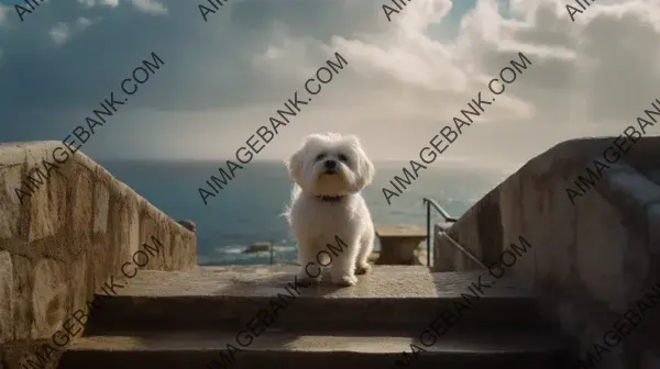 Mystical Ascent: Maltese Dog in Cloud Staircase