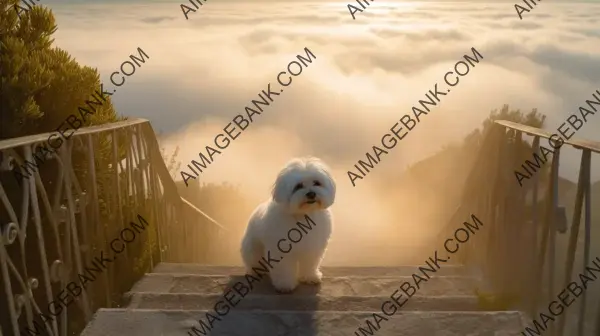 Cloaked Climb: Maltese Dog on Ethereal Stairs