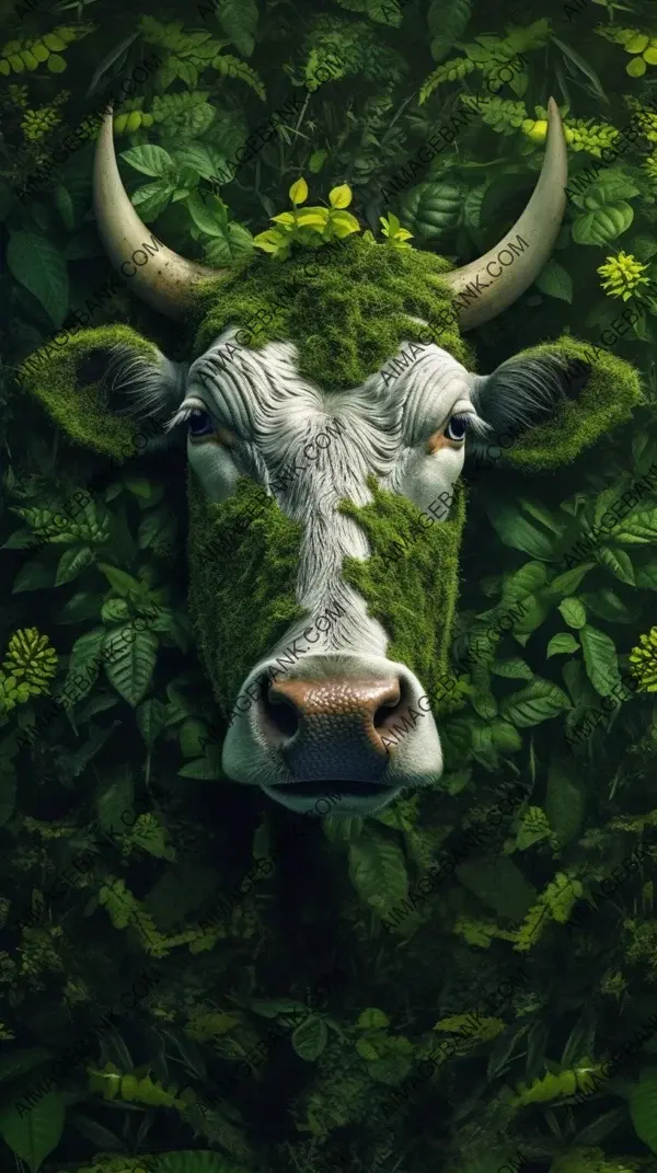 Close-up depiction of cow surrounded by green plants