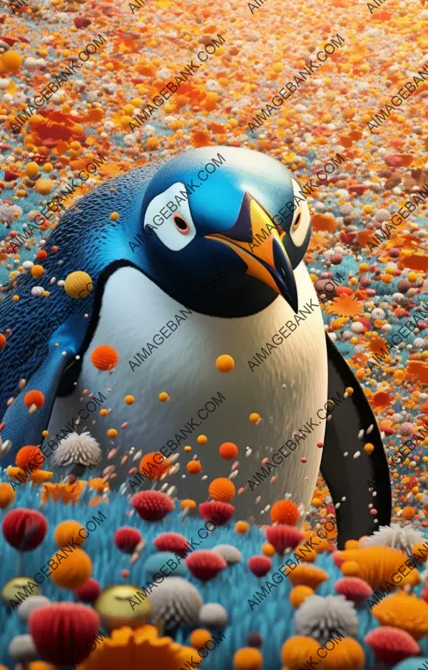 Close emperor penguin swimming through coral