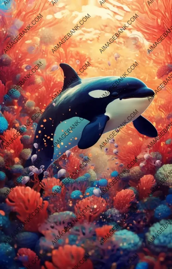 Close orca swimming through coral reef sea