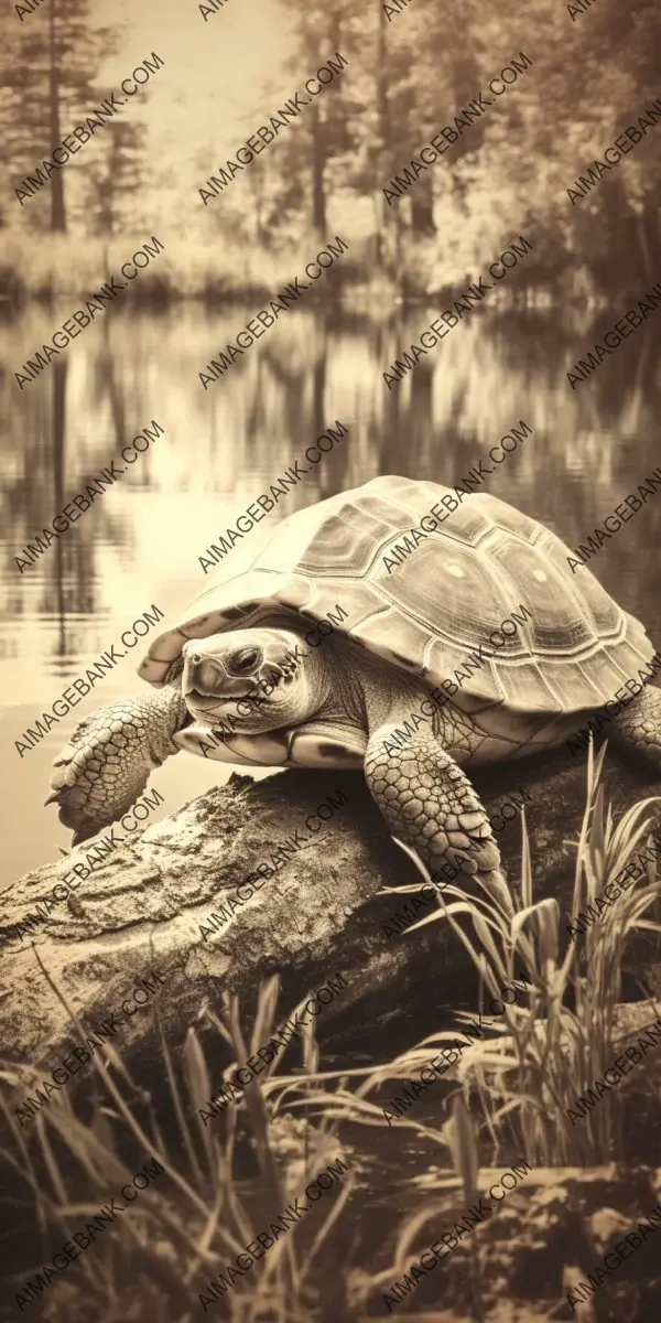 Matamata Turtle Basking in Sun on Log