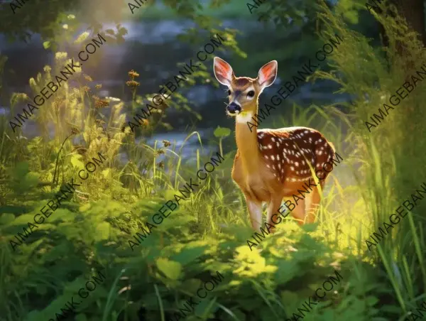 Young Deer Gracefully Among Tall Grass in Sunlit Meadow