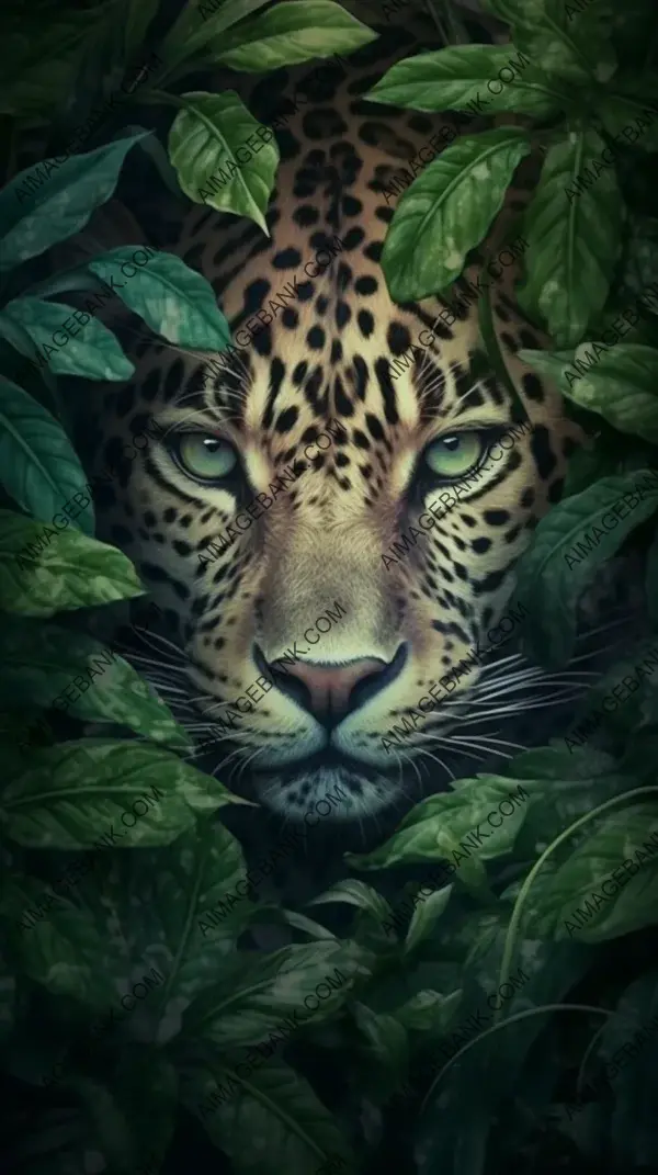 Leopard&#8217;s piercing gaze: Big eyes and jungle leaf surroundings