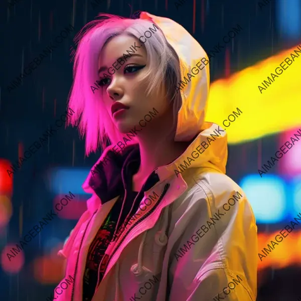 Mysterious woman in neon jacket stands in solitude.