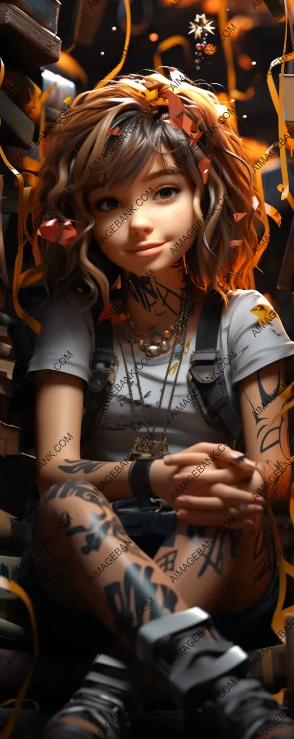 Serene sitting pose of a girl adorned with tattoos amidst confetti.