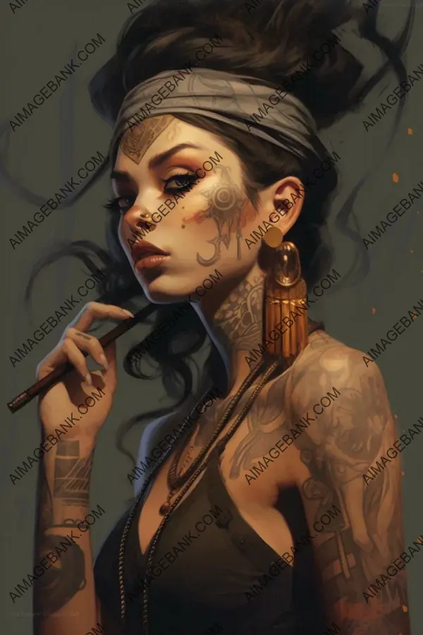 Stylish Lady with Dark Tattoos: Artistic Painting