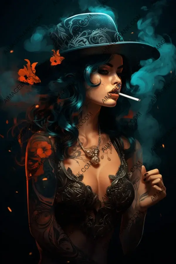 Mysterious Vibe: Tattooed Woman with a Smoky Hat