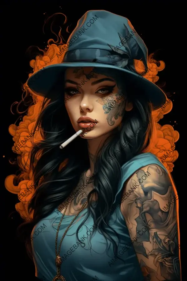 Tattooed Woman: Smoking and Wearing a Stylish Hat