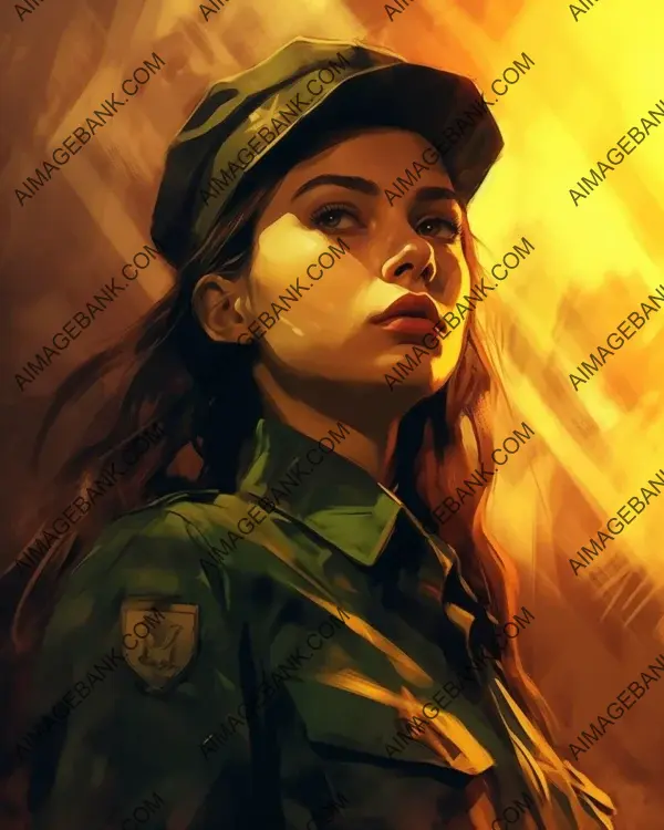 Fierce and Feminine: Illustrated Girl Exudes Strength in Military Uniform.