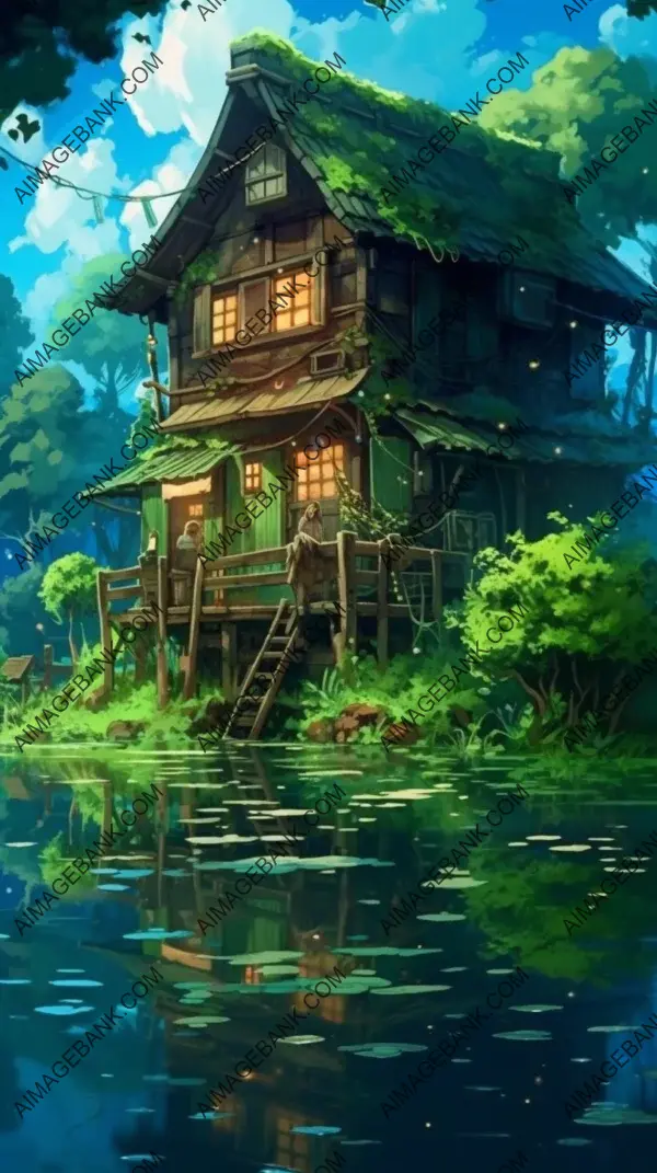 Magical Forest Spa: Fantasy Illustration of Wooden House