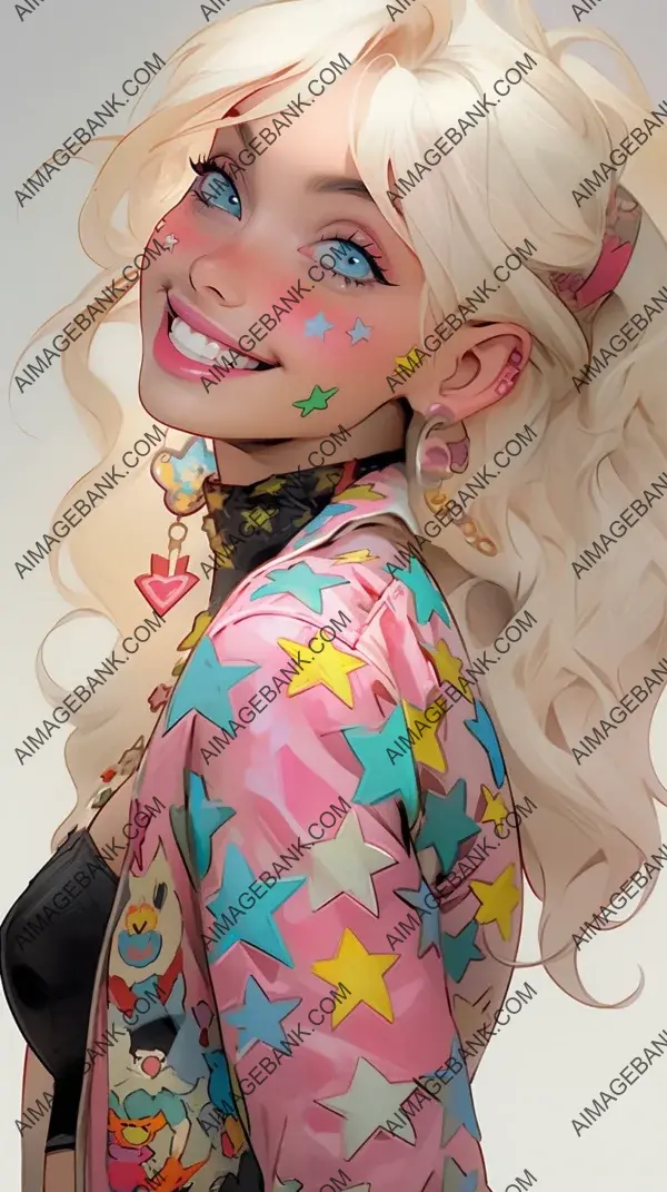 A photo-realistic depiction of a hyper-punk style popstar girl, capturing her infectious smile.