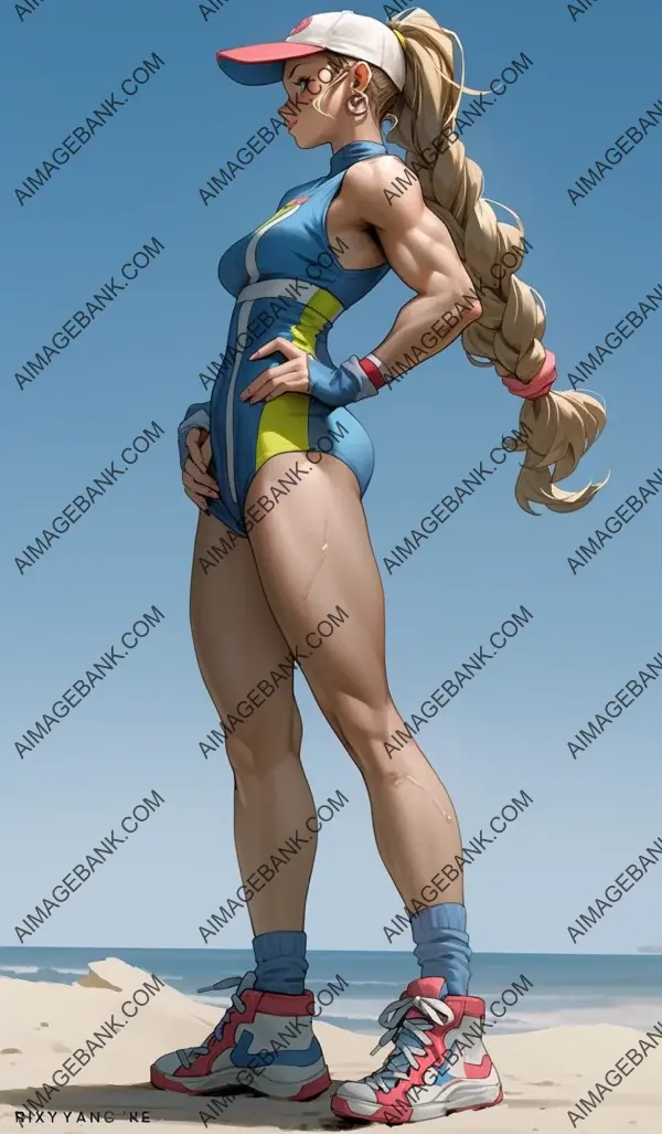 Capturing the essence of Cammy White from Street Fighter in a side view, holding a microphone.