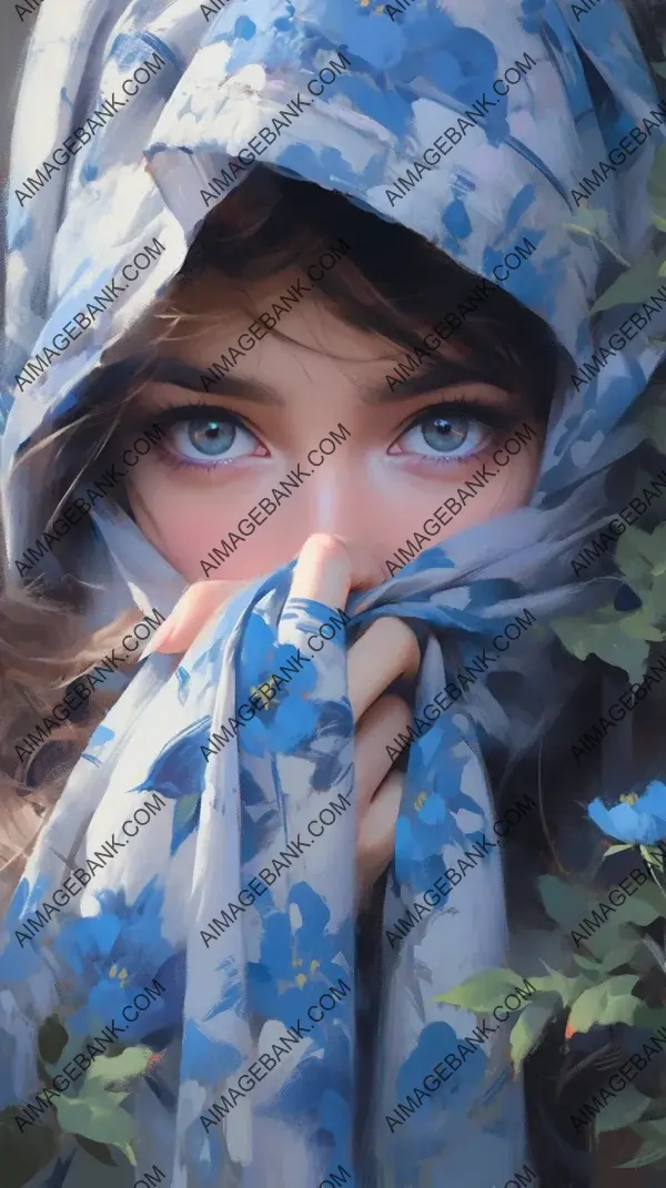 Girl wearing blue head scarf points to her eyes.