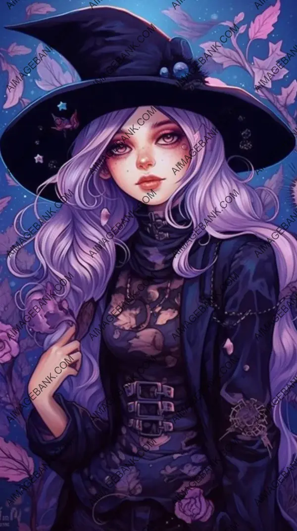 Indigo illustrative witch portrayed in an anime aesthetic style