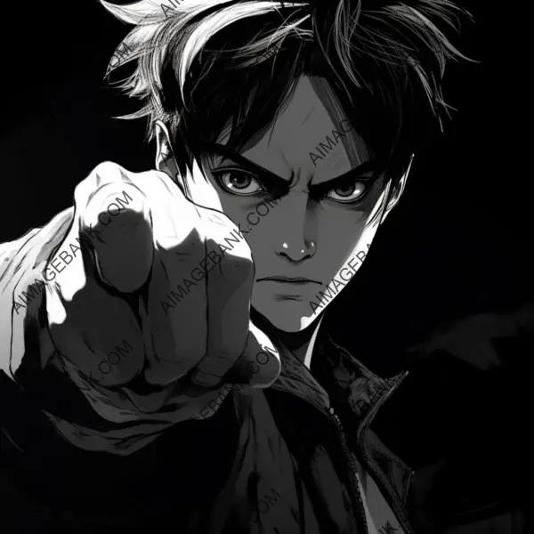 Intense boy pointing captured in a frantic black and white manga-style close-up