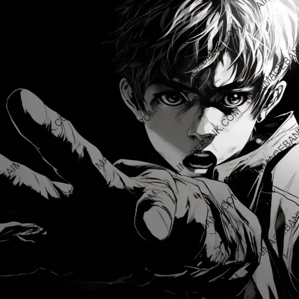 Close-up portrayal of a boy pointing intensely in a frantic manga-style black and white image