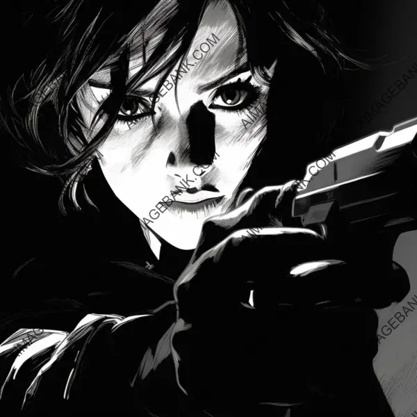 Captivating close-up of an intense woman pointing in manga-style black and white