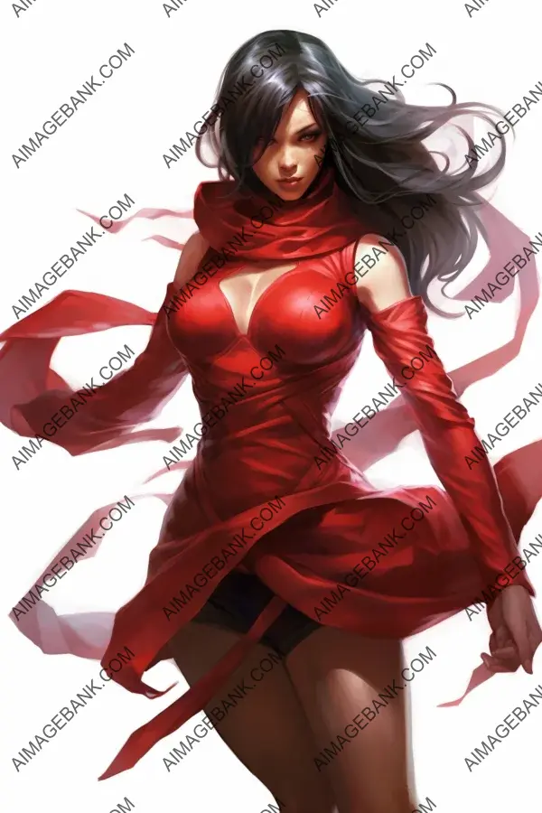 Mysterious and feminine ninja girl in a captivating red dress