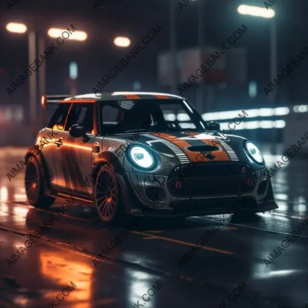 Nighttime Race Track with Racing-Striped Mini Cooper