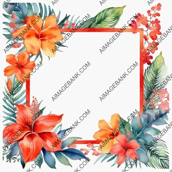 Colorful tropical flowers surrounding an empty frame