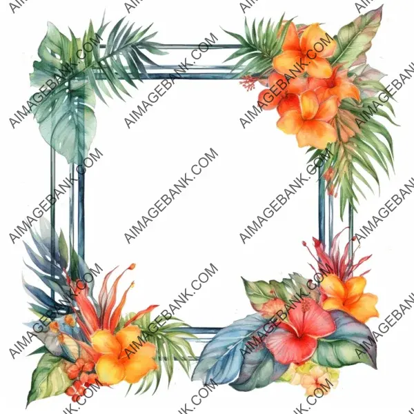 Empty frame surrounded by colorful tropical flowers