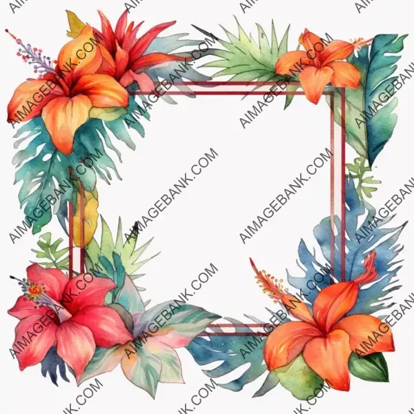 Colorful tropical flowers surrounding an empty frame