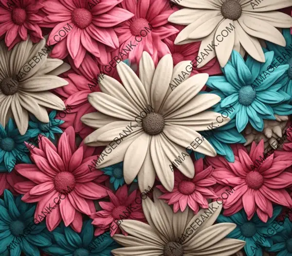 Overlapping daisies in ivory, cyan, and dark pink hues