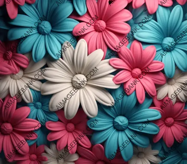 Abstract composition of ivory, cyan, and dark pink daisies