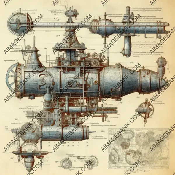 Designing an exploded drawing of a steampunk machine blueprint