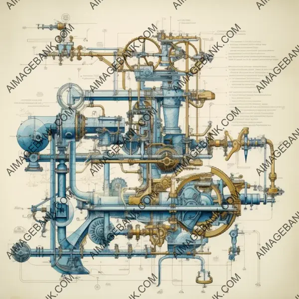 Crafting an exploded drawing depicting a steampunk machine blueprint