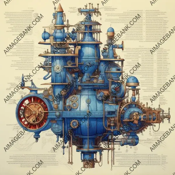 Designing an exploded drawing of a blueprint for a steampunk machine