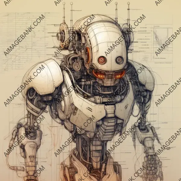 Intricate Robot Schematic: Line Art with Detailed High Definition Views