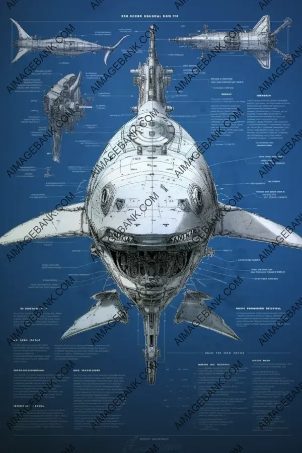 Ultra-detailed blueprint of a blue shark robot