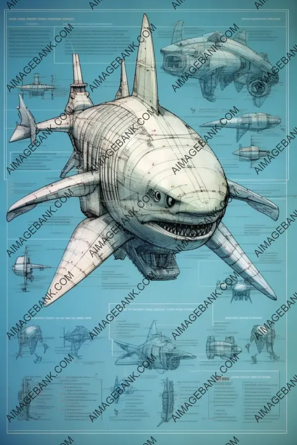 Schematic blueprint of a highly detailed blue shark robot