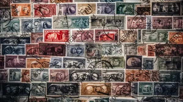 A sheet of vintage stamps with intricate details