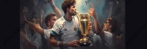 A white soccer player proudly holding a winning trophy.