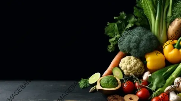 Create a frame with fresh organic raw vegetables against a black background