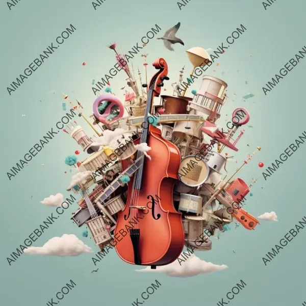 Create an image featuring numerous musical instruments floating in the air