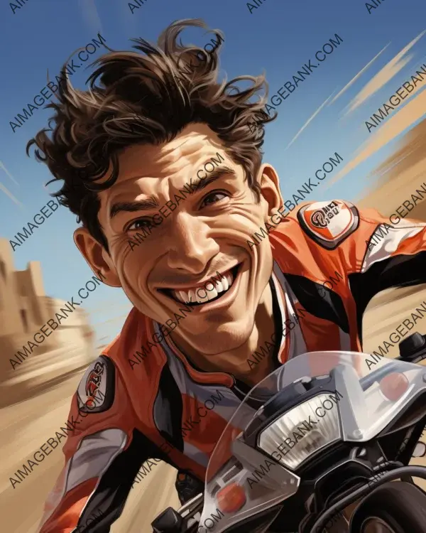 Artistic Caricature of Marc Marquez: Running Bike Four-Wheel