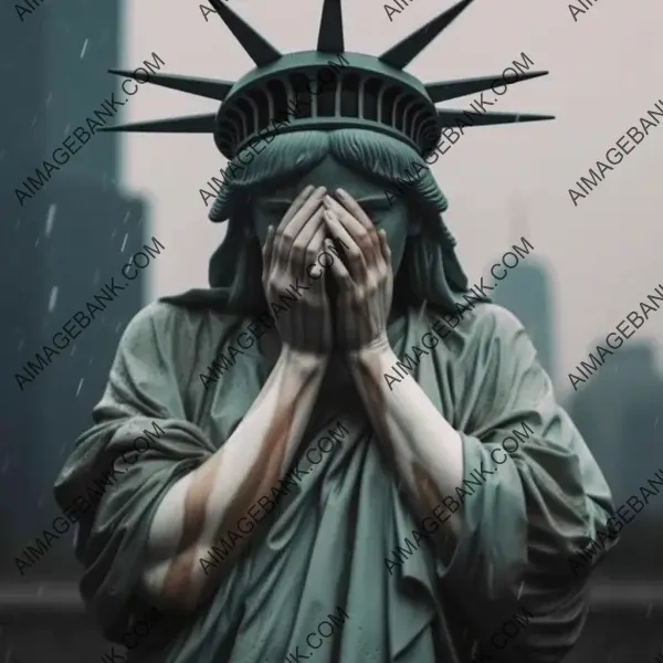 Emotive Statue: Lady Liberty Crying with Her Hands Covered