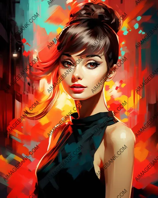 Vibrant digital art featuring Audrey Hepburn&#8217;s captivating caricature.