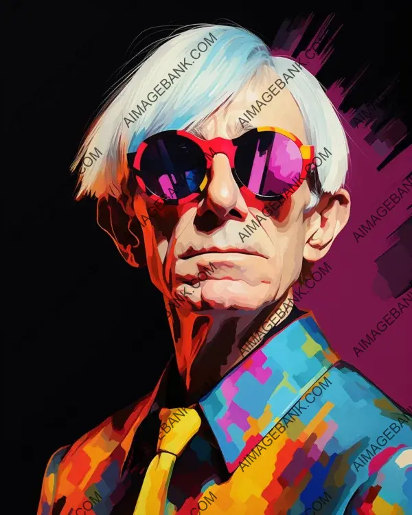 Captivating caricature of Andy Warhol showcased in vibrant digital art presentation.